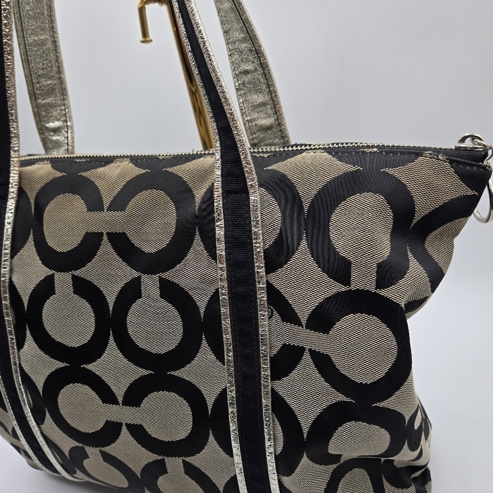 COACH Poppy Canvas Tote Black Op C Print Purple Lining Large Sequence Tag - Picture 10 of 14